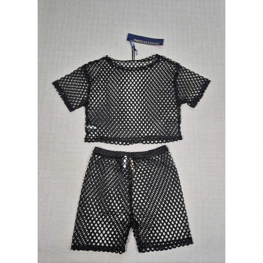 American Leisure Womens Black Fishnet Mesh Crop Top and Shorts Set Size S NEW